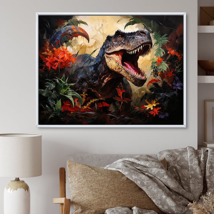 Floral Tyrannosaurus Dinosaur jungle portrait - Dinosaur Wall Decor
