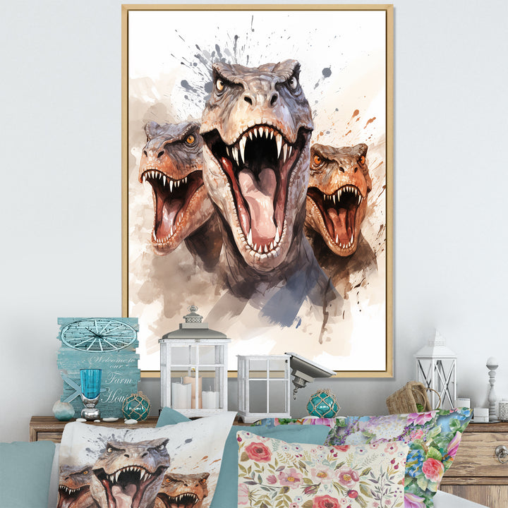 Family Of Velociraptor Dinosaurs Portrait - Dinosaur Framed Canvas Art