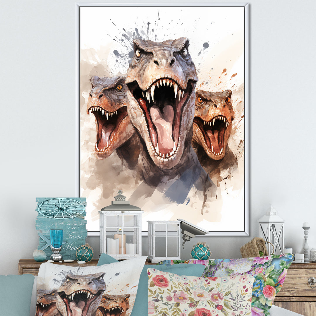 Family Of Velociraptor Dinosaurs Portrait - Dinosaur Framed Canvas Art