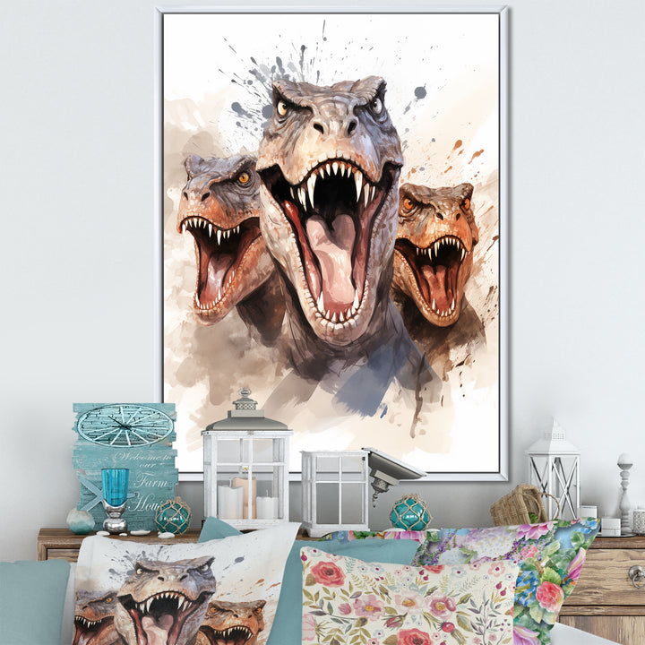 Family Of Velociraptor Dinosaurs Portrait - Dinosaur Framed Canvas Art