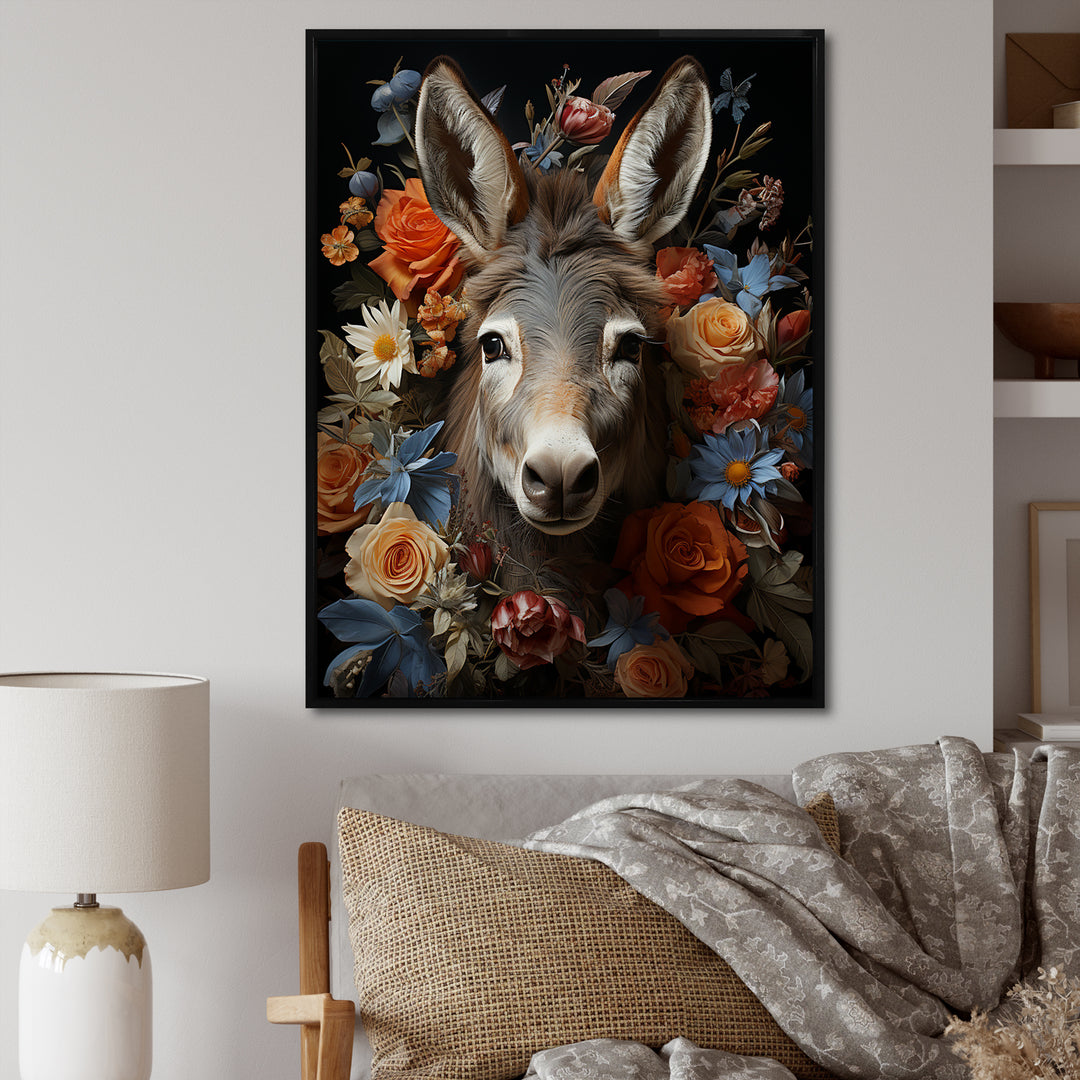 Cute Donkey with color flowers in harmony - Donkey Wall Art Prints