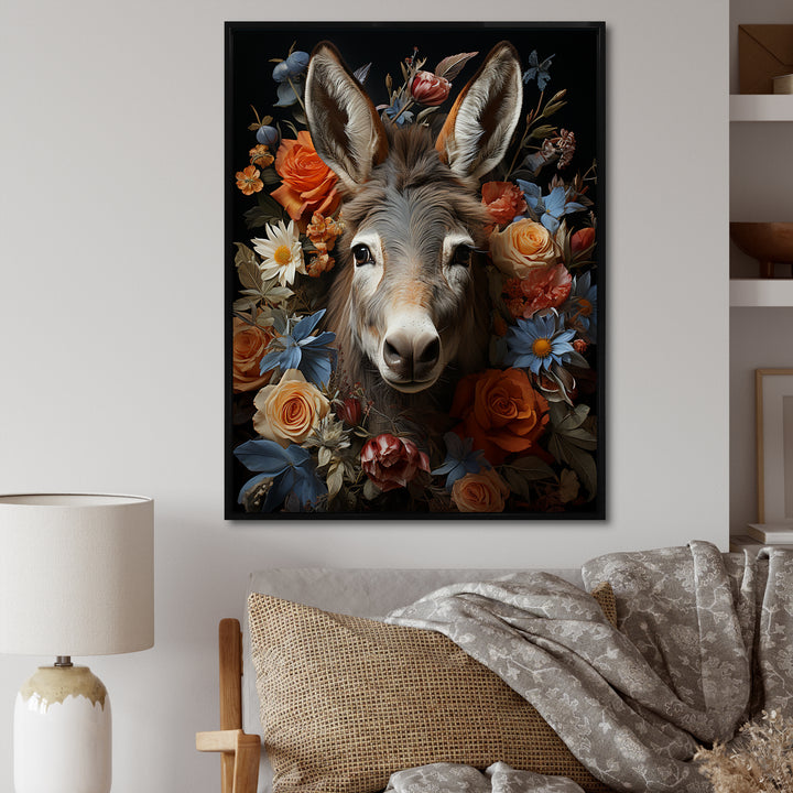 Cute Donkey with color flowers in harmony - Donkey Wall Art Prints