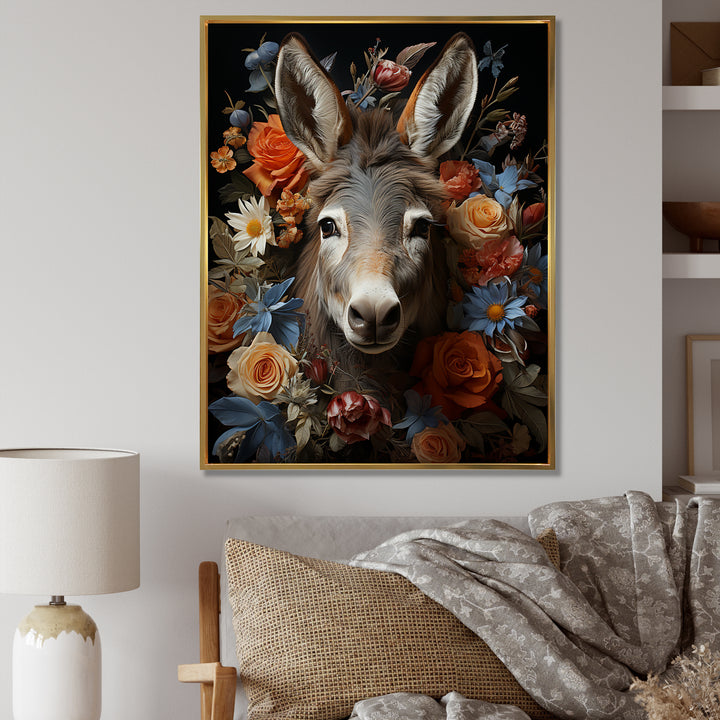 Cute Donkey with color flowers in harmony - Donkey Wall Art Prints