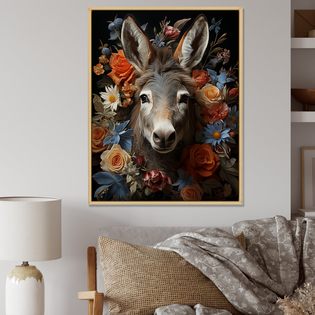 Cute Donkey with color flowers in harmony - Donkey Wall Art Prints
