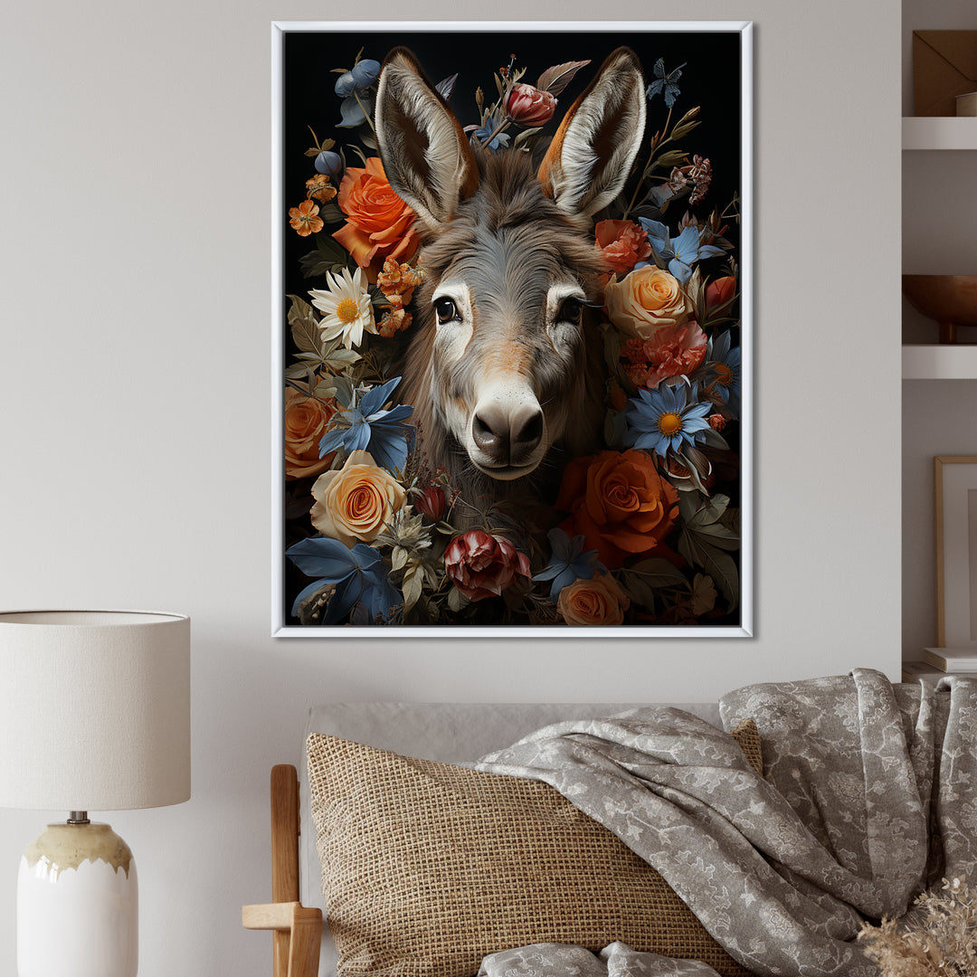 Cute Donkey with color flowers in harmony - Donkey Wall Art Prints