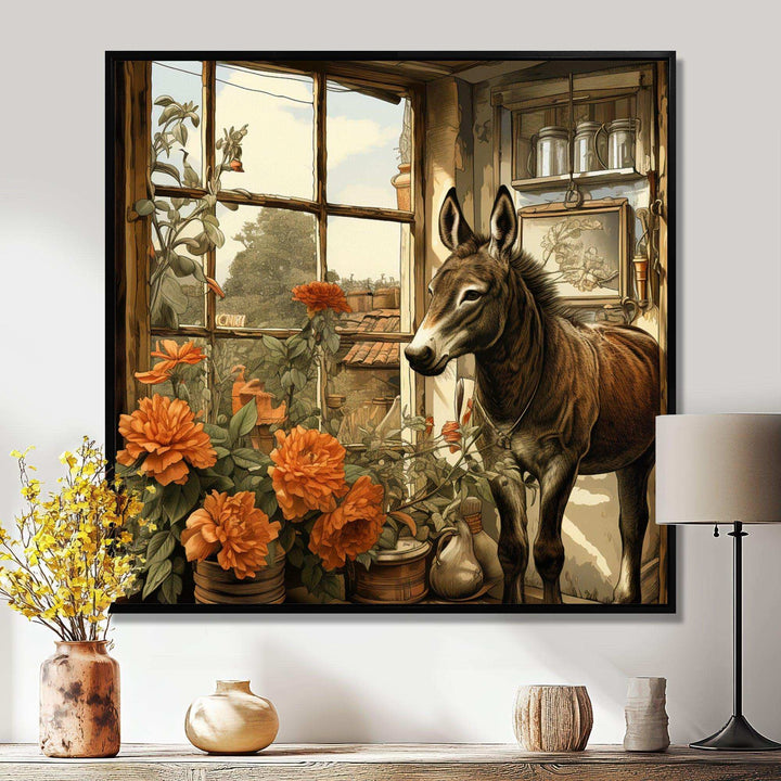 Vintage Donkey farm charm with Orange flowers - Animals Canvas Wall Art