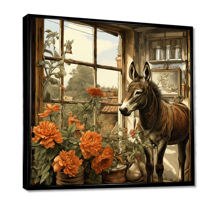 Vintage Donkey farm charm with Orange flowers - Animals Canvas Wall Art