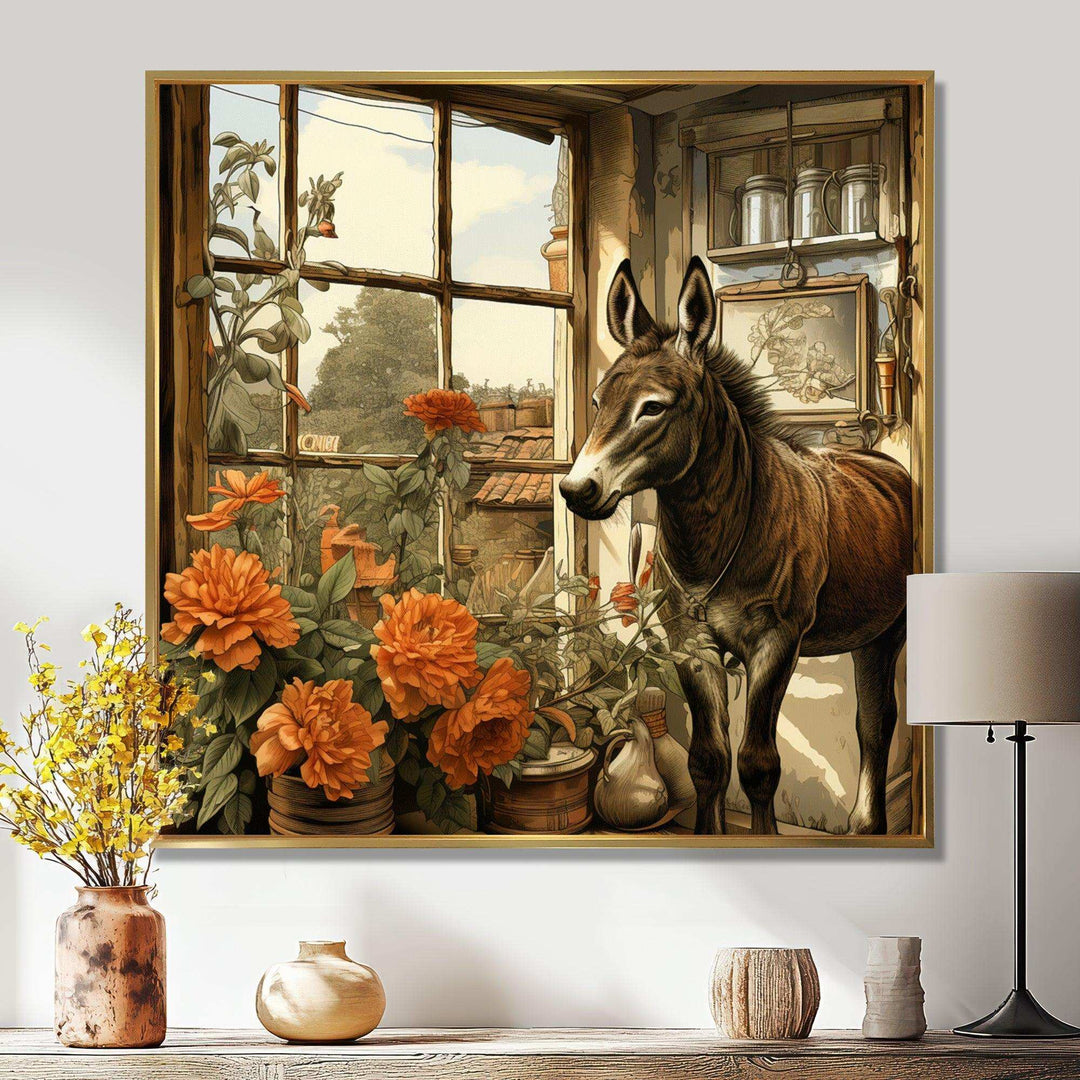 Vintage Donkey farm charm with Orange flowers - Animals Canvas Wall Art