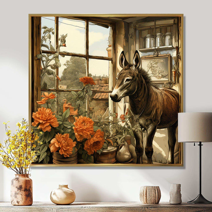 Vintage Donkey farm charm with Orange flowers - Animals Canvas Wall Art
