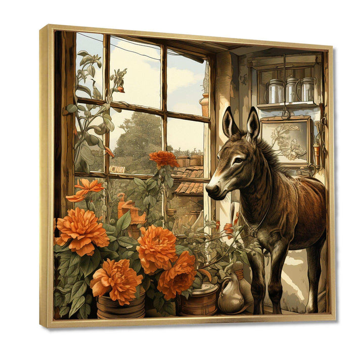 Vintage Donkey farm charm with Orange flowers - Animals Canvas Wall Art