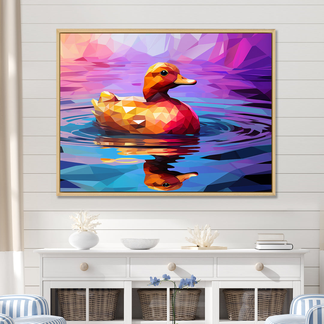 Yellow duck on purple lake - Duck Canvas Wall Art
