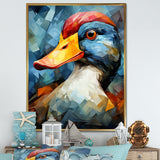 Cubist Quack duck portrait in blue and yellow - Duck Living Room Wall Art