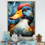 Cubist Quack duck portrait in blue and yellow - Duck Living Room Wall Art