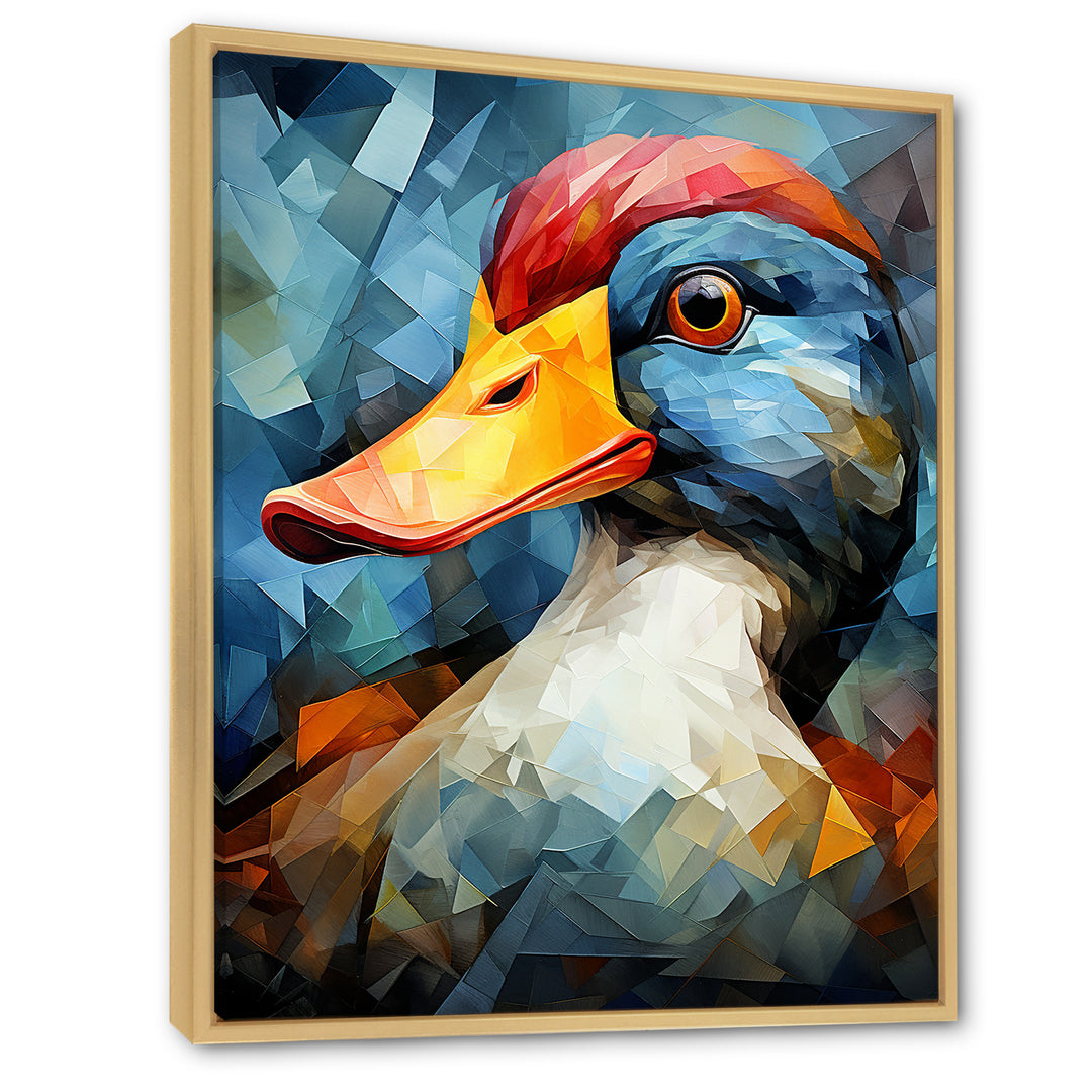 Cubist Quack duck portrait in blue and yellow - Duck Living Room Wall Art