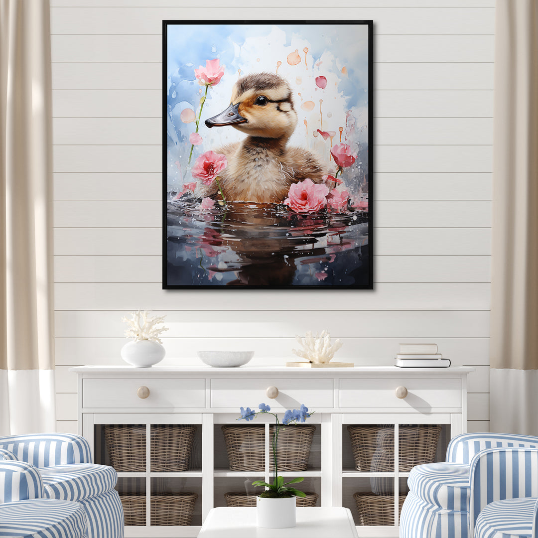 Cute Duck in Floral Elegance - Gray Duck Wall Art