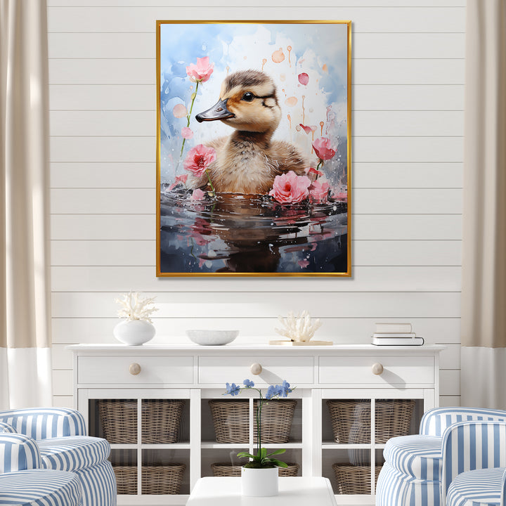 Cute Duck in Floral Elegance - Gray Duck Wall Art