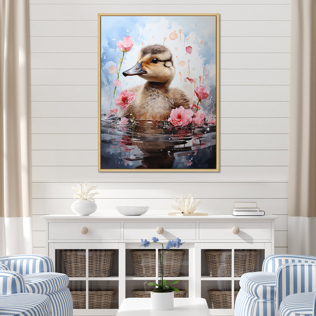 Cute Duck in Floral Elegance - Gray Duck Wall Art