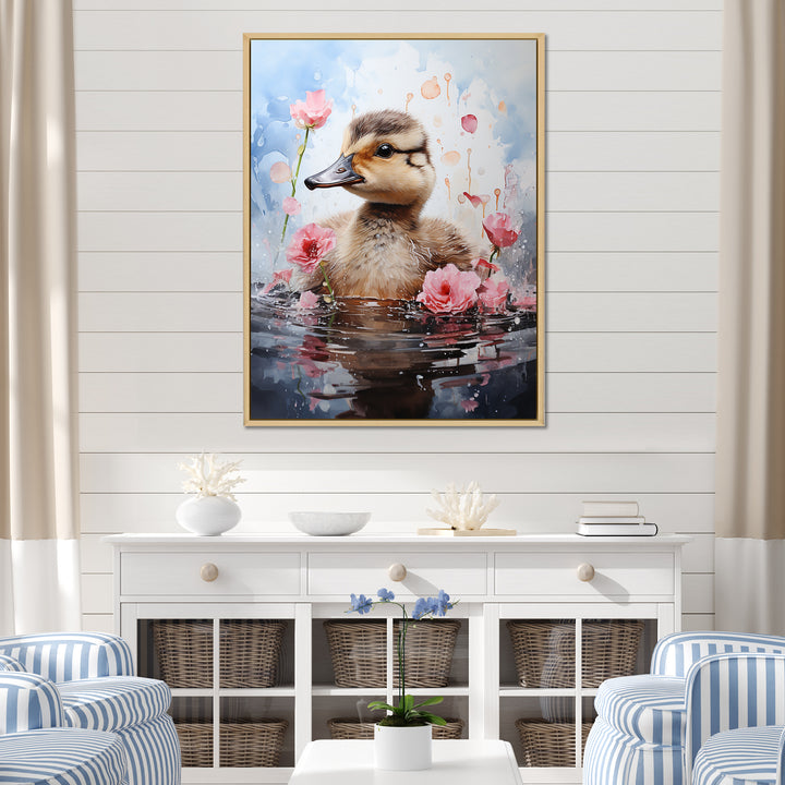 Cute Duck in Floral Elegance - Gray Duck Wall Art