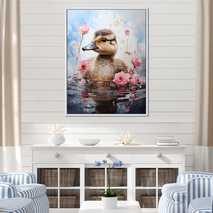 Cute Duck in Floral Elegance - Gray Duck Wall Art