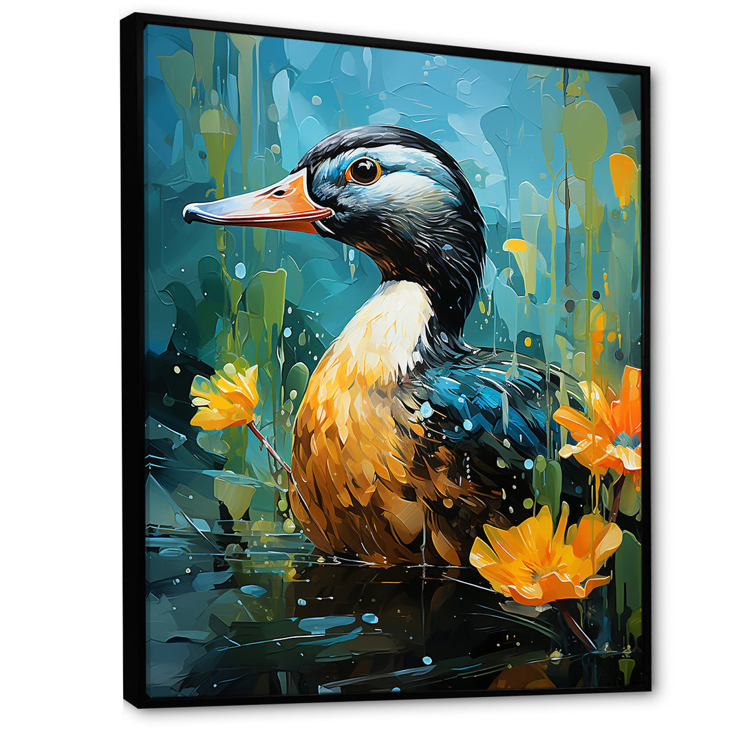 Moonlit duck in floral Elegance - Duck Framed Canvas Art