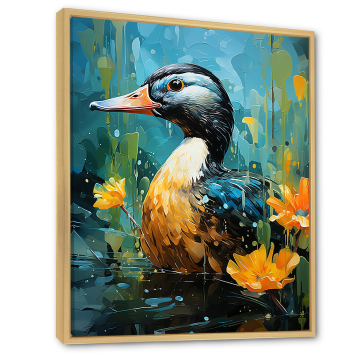 Moonlit duck in floral Elegance - Duck Framed Canvas Art