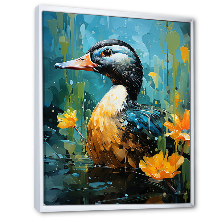 Moonlit duck in floral Elegance - Duck Framed Canvas Art