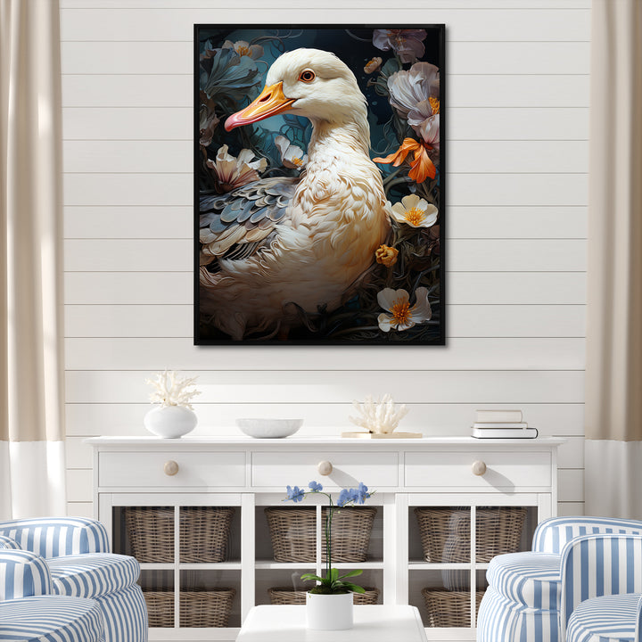 White duck Feathered floral Elegance - Duck Large Canvas Wall Art
