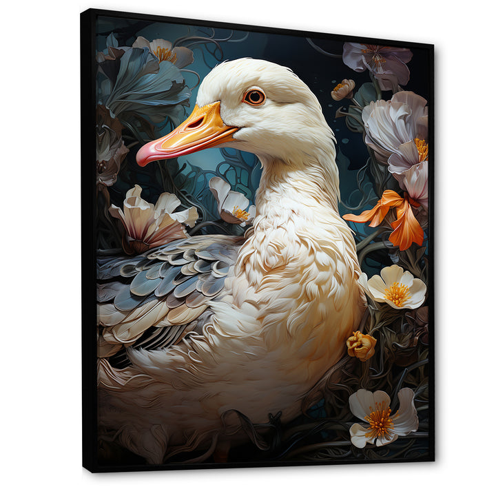White duck Feathered floral Elegance - Duck Large Canvas Wall Art