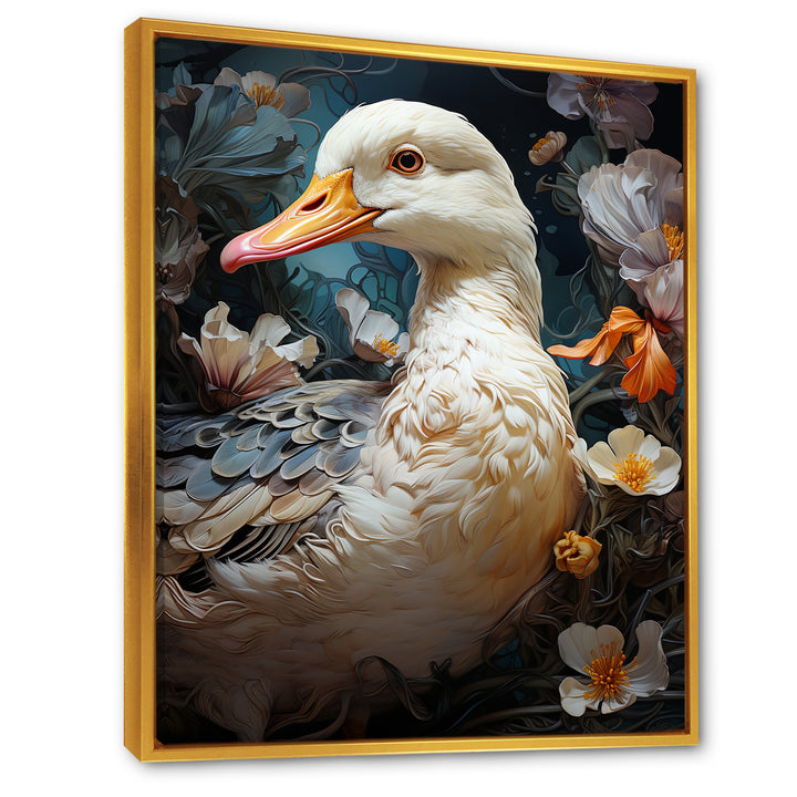 White duck Feathered floral Elegance - Duck Large Canvas Wall Art