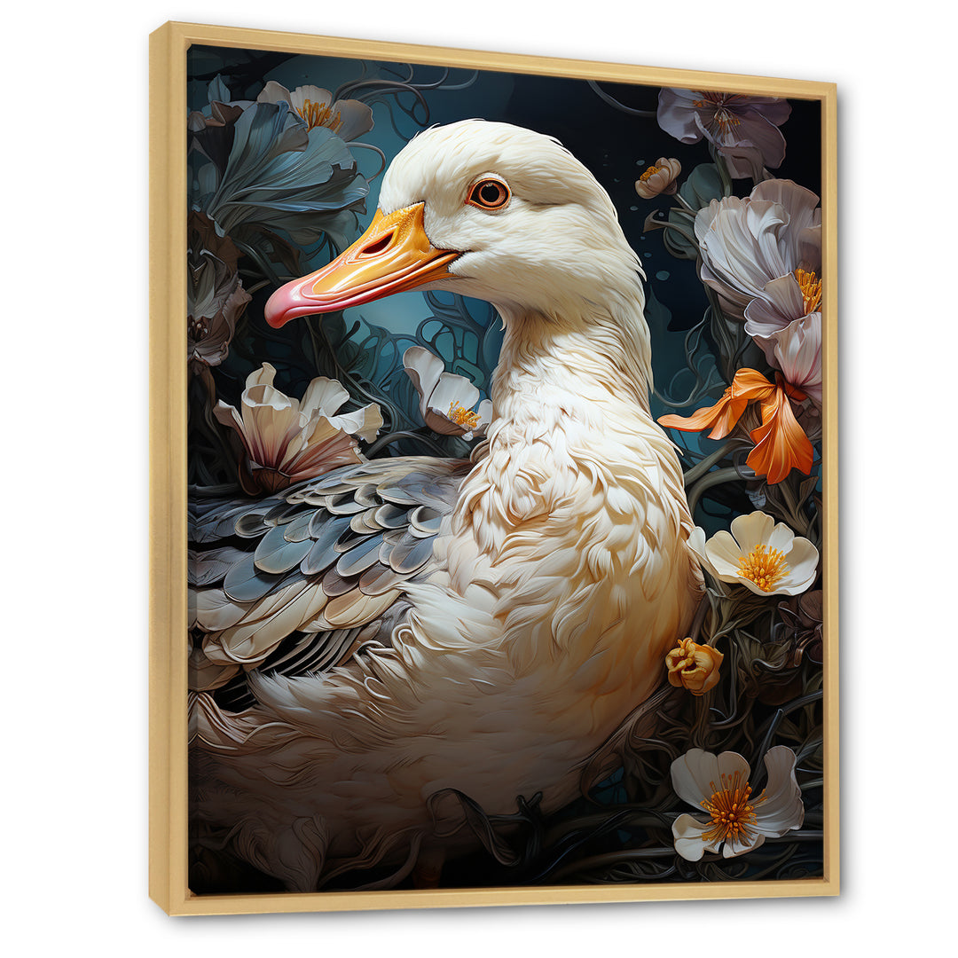 White duck Feathered floral Elegance - Duck Large Canvas Wall Art