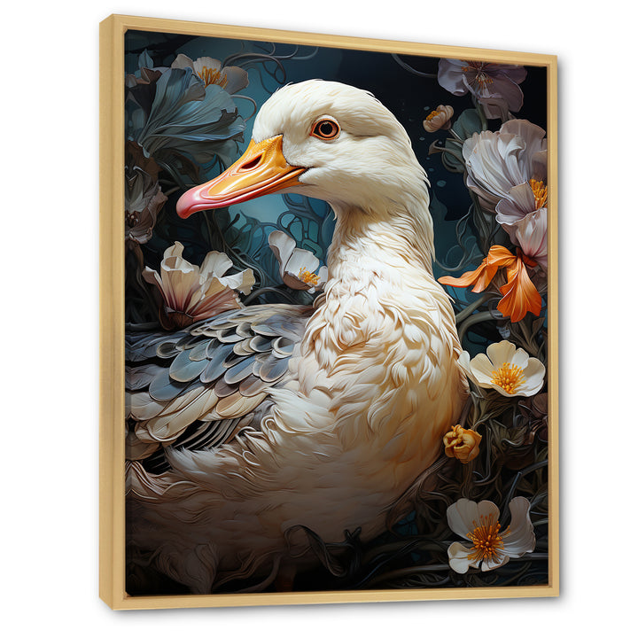 White duck Feathered floral Elegance - Duck Large Canvas Wall Art