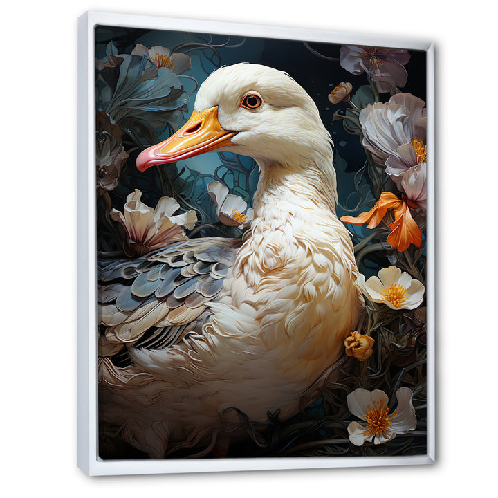 White duck Feathered floral Elegance - Duck Large Canvas Wall Art