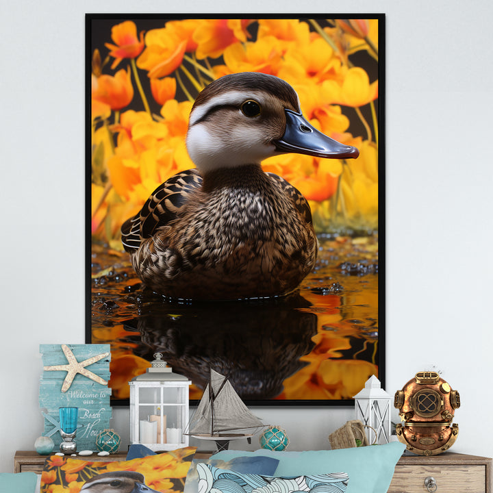 Brown and yellow baby duck at the lake - Duck Home Decor Art