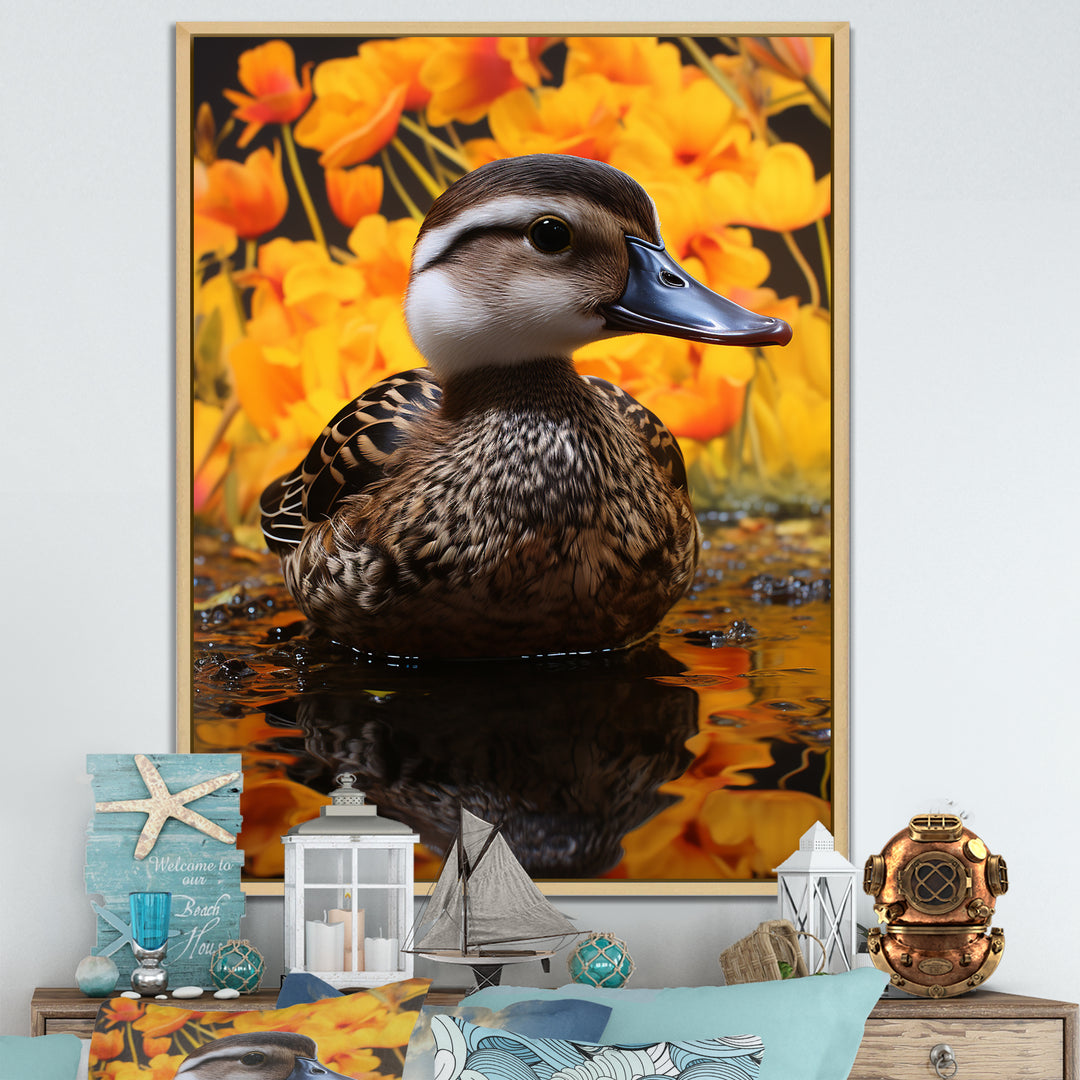Brown and yellow baby duck at the lake - Duck Home Decor Art