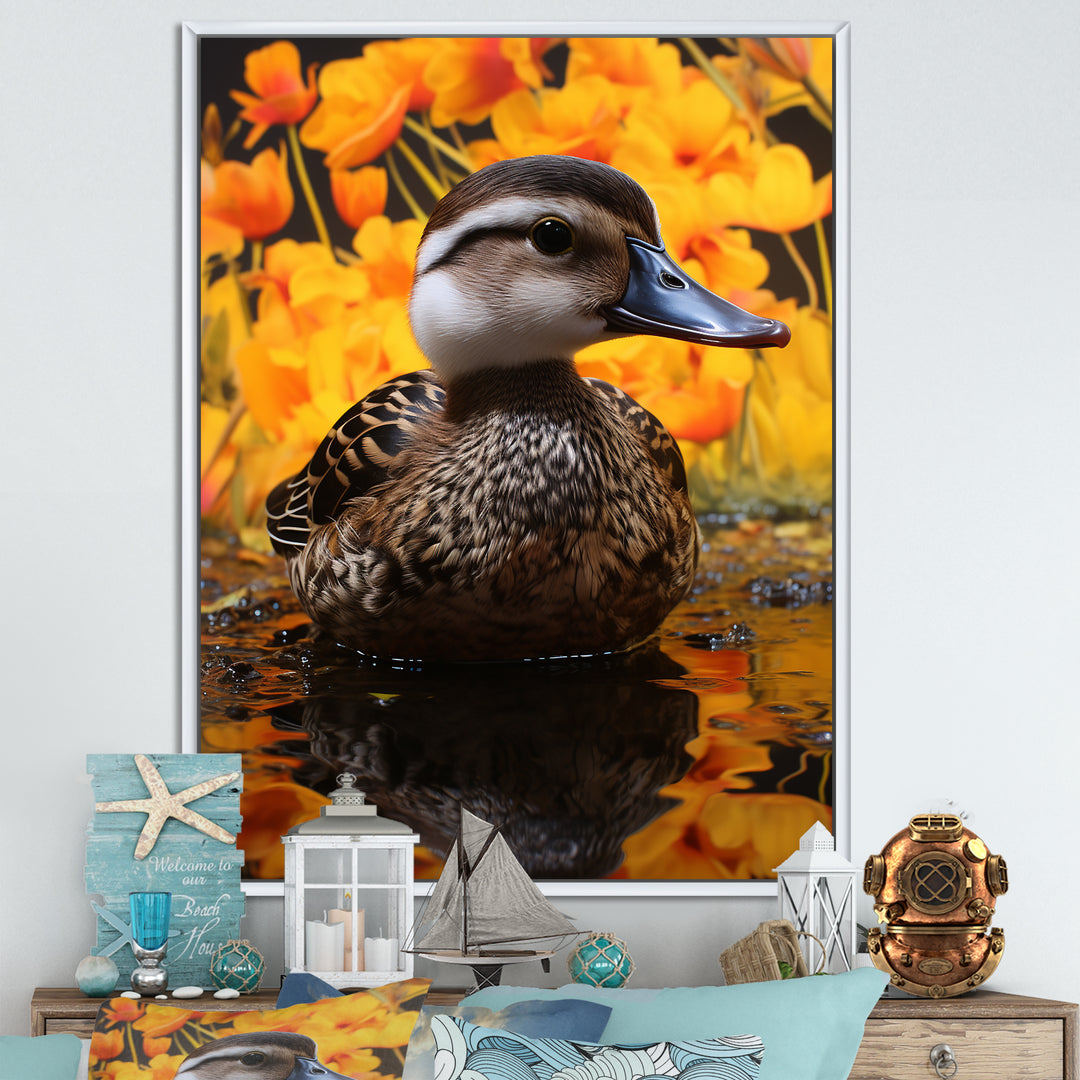 Brown and yellow baby duck at the lake - Duck Home Decor Art