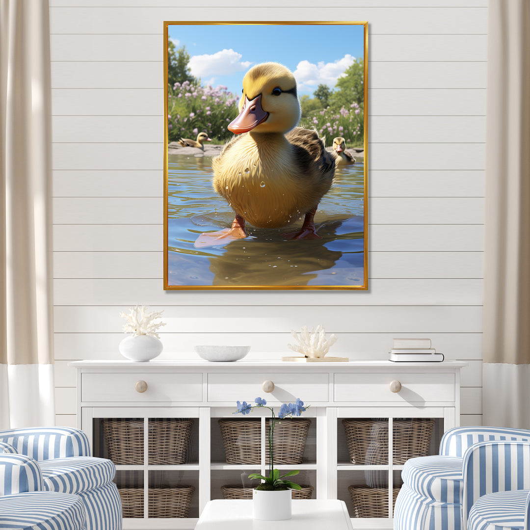 Yellow and green baby duck photo at the lake - Duck Bedroom Wall Art