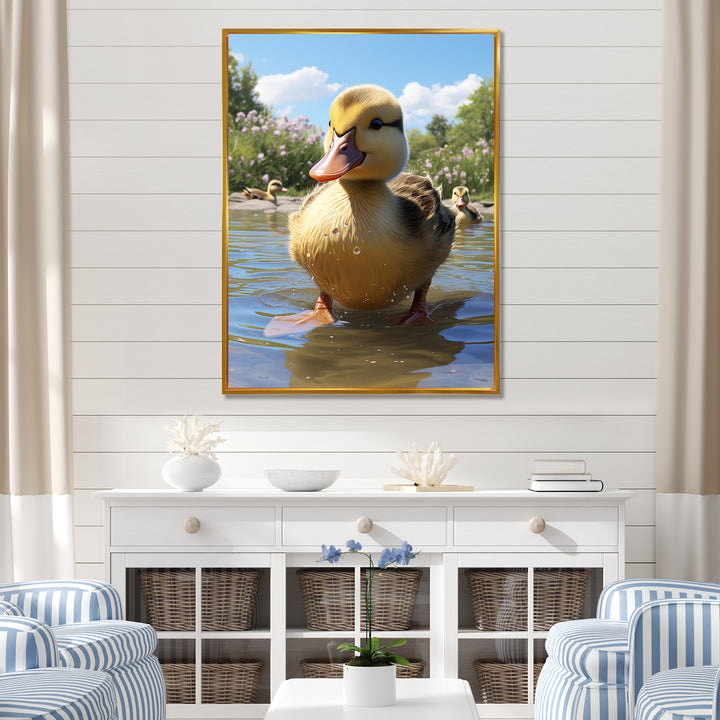 Yellow and green baby duck photo at the lake - Duck Bedroom Wall Art
