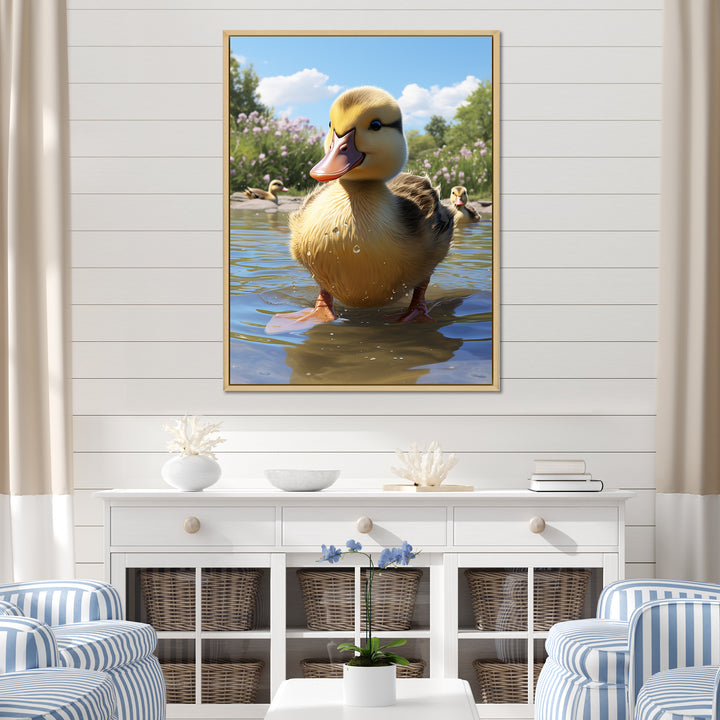 Yellow and green baby duck photo at the lake - Duck Bedroom Wall Art