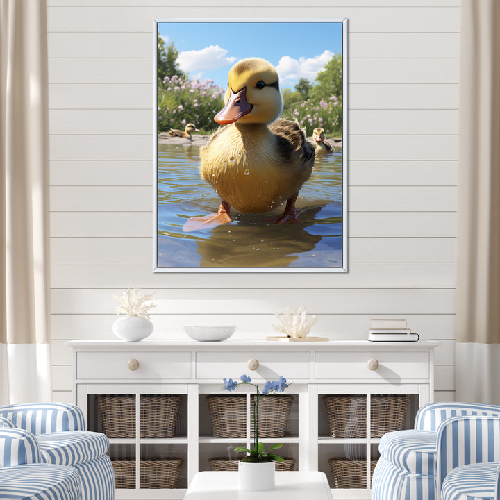 Yellow and green baby duck photo at the lake - Duck Bedroom Wall Art