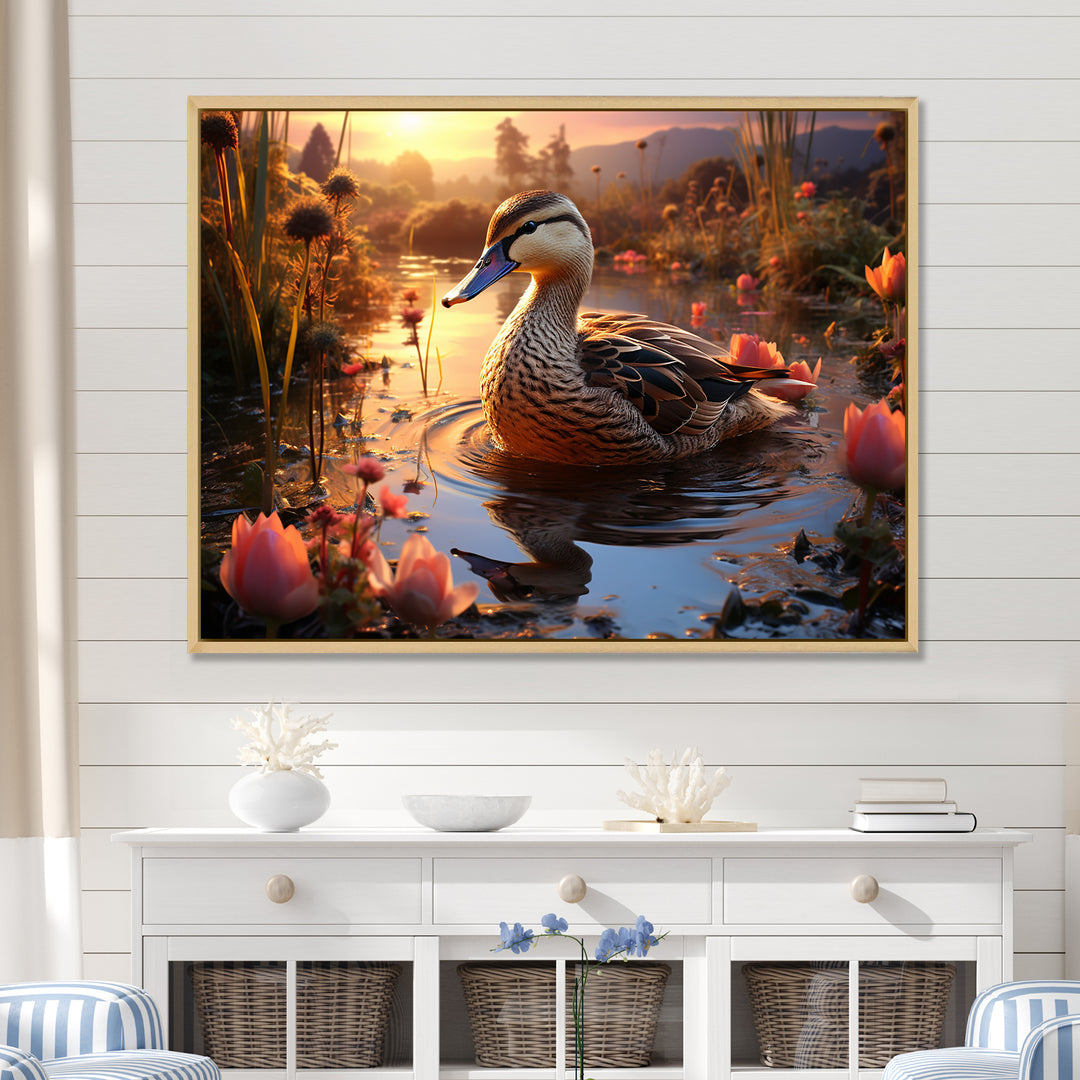 Brown duck Feathered floral Elegance - Duck Canvas Wall Art