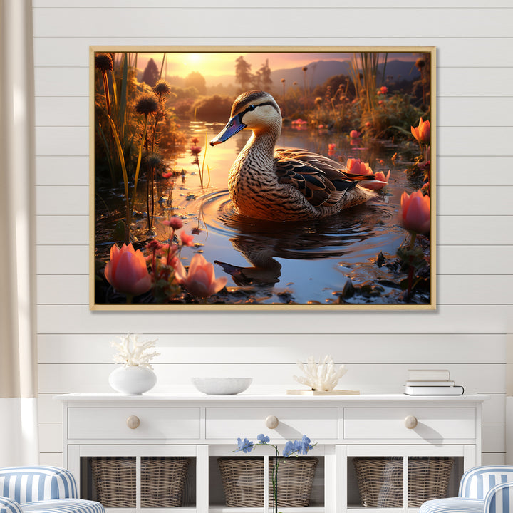 Brown duck Feathered floral Elegance - Duck Canvas Wall Art