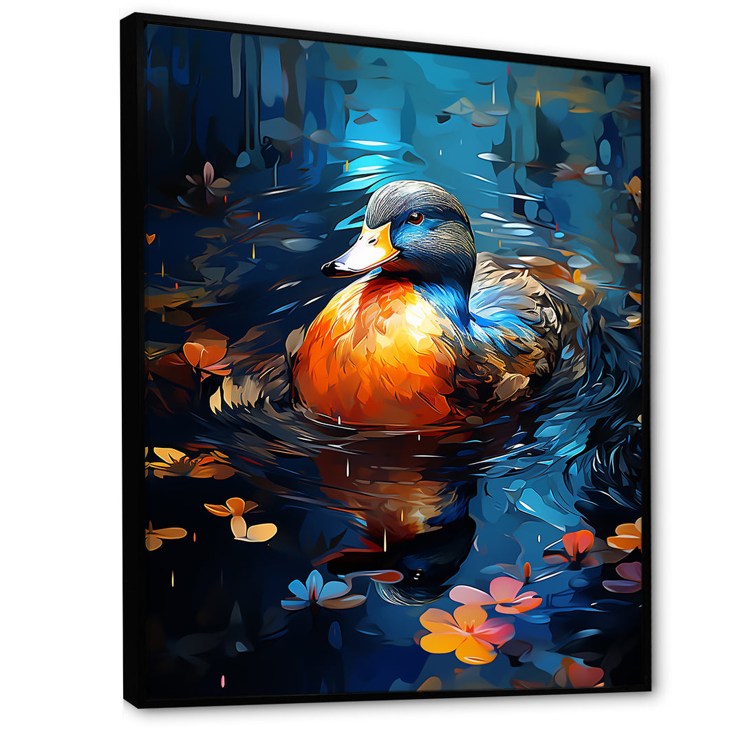 Blue and orange duck Morning Quack Lake - Duck Canvas Wall Art