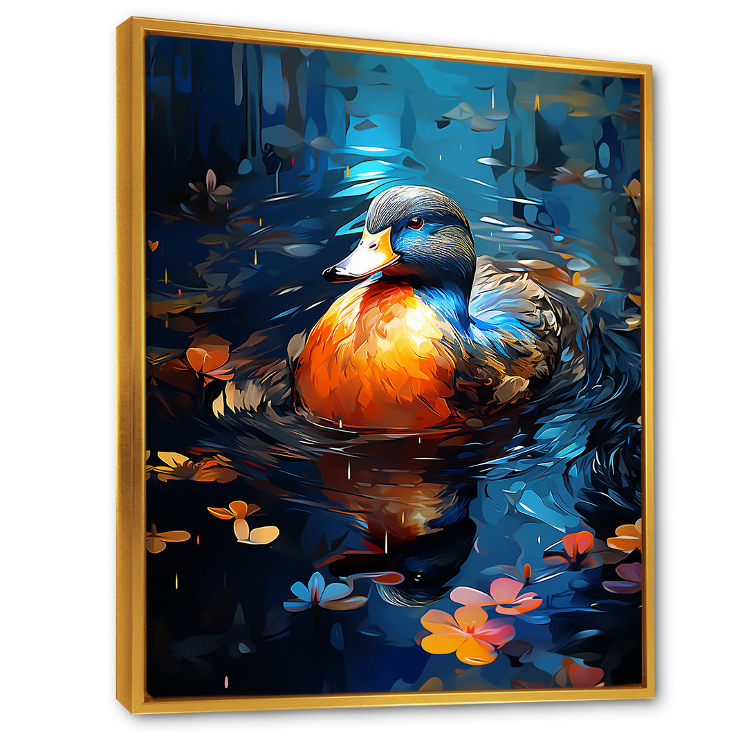 Blue and orange duck Morning Quack Lake - Duck Canvas Wall Art