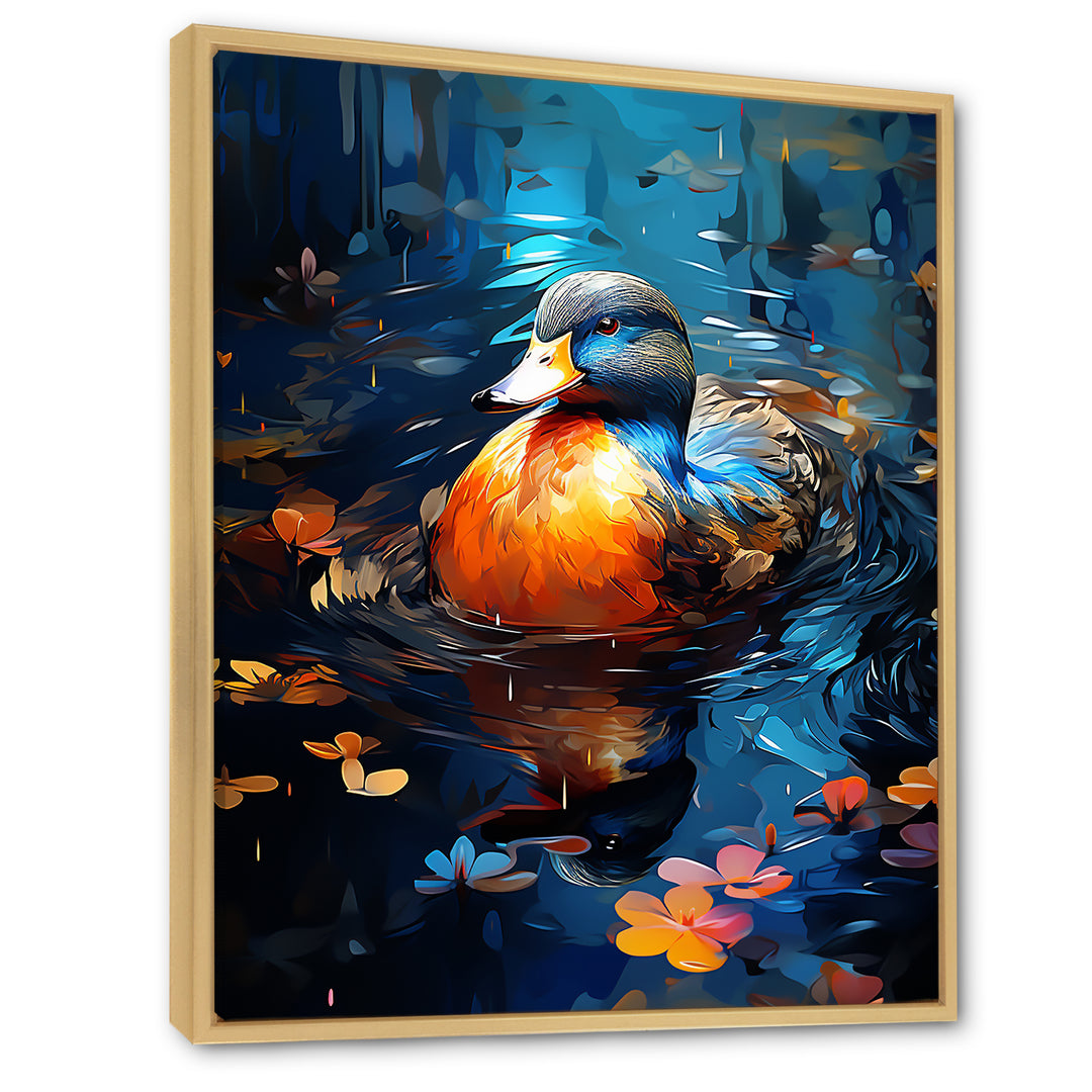 Blue and orange duck Morning Quack Lake - Duck Canvas Wall Art