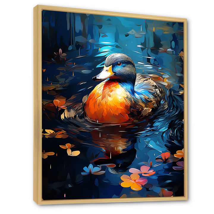 Blue and orange duck Morning Quack Lake - Duck Canvas Wall Art