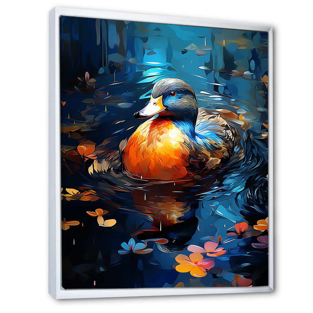 Blue and orange duck Morning Quack Lake - Duck Canvas Wall Art