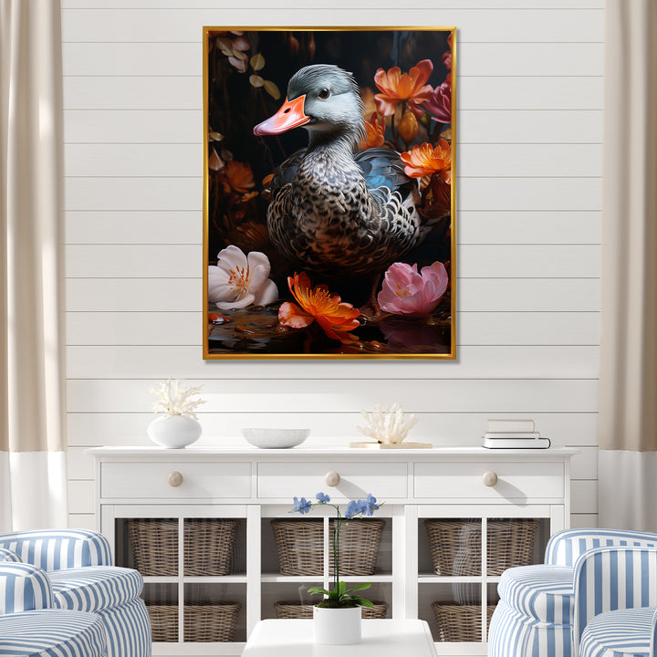 Duck s floral Shadow Diver - Duck Framed Canvas Art