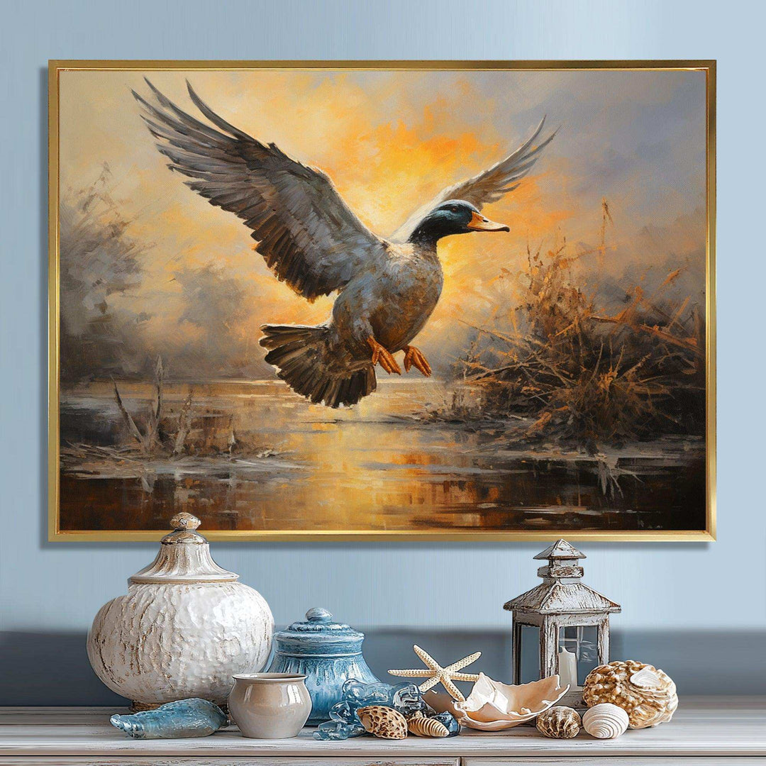 Vintage duck Flight at the pond II - Animals Canvas Wall Art