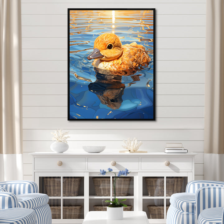 Swimming yellow duck in river - Duck Bedroom Wall Art