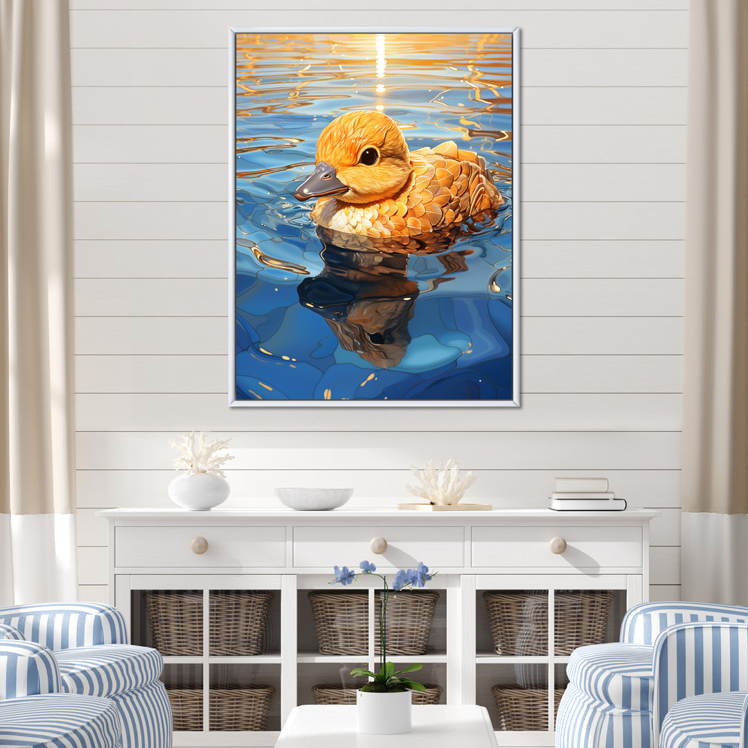Swimming yellow duck in river - Duck Bedroom Wall Art